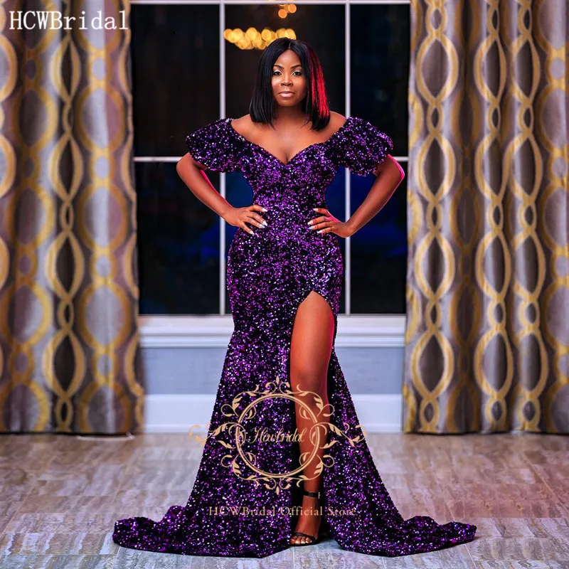 

Glitter Purple Mermaid Long 2021 Evening Dress Off The Shoulder Short Sleeves Sequins Black Girls Graduation Party Evening Gowns