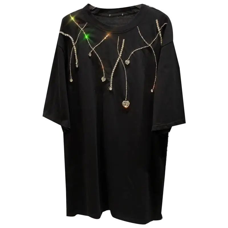 

2021 Summer New Women White T Shirt Meteor Diamond Chain Round Neck Loose Half Sleeve Short Sleeve T-shirt For Women