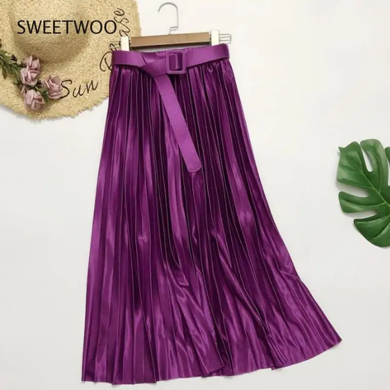 

Casual maxi skirts long satin silk skirt women elastic high waist party green 2021 long summer pleated skirts