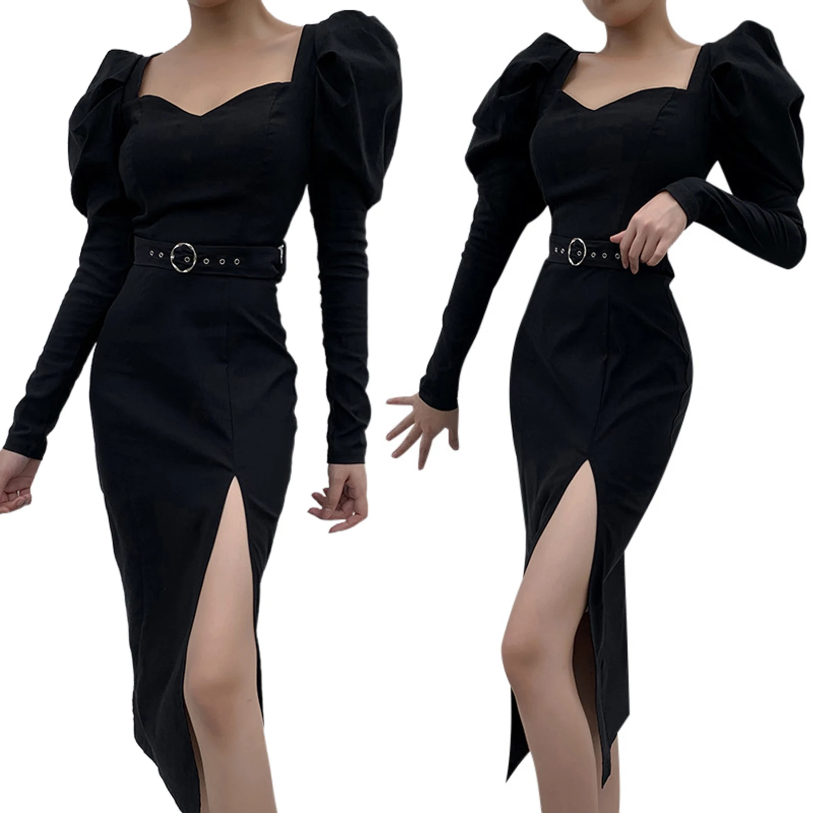 

Women’s Fashion Solid Color Mid-length Dress Sexy Square Collar Puff Sleeve Split Skinny Dress with Belt High Waist Dress
