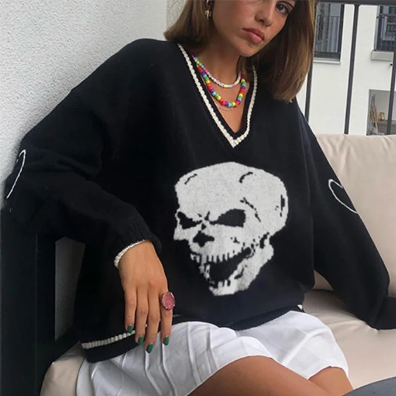 

Harajuku Skull Print Loose Autumn Winter Sweater Women Pullovers Casual Y2k Knitwear Jumpers 2021 Korean Oversized Sweaters New