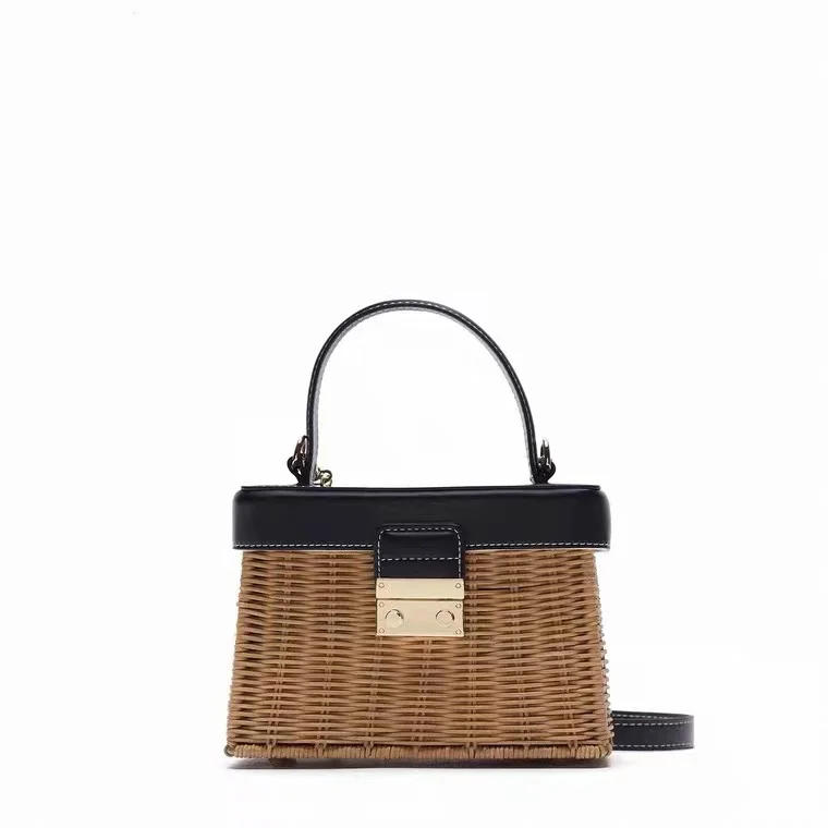 

Summer Leather Box Straw Handbag for Female's Box Crossbody Bag Totes Beach Handbag Holiday Handmade Messenger Bags Clutch Women
