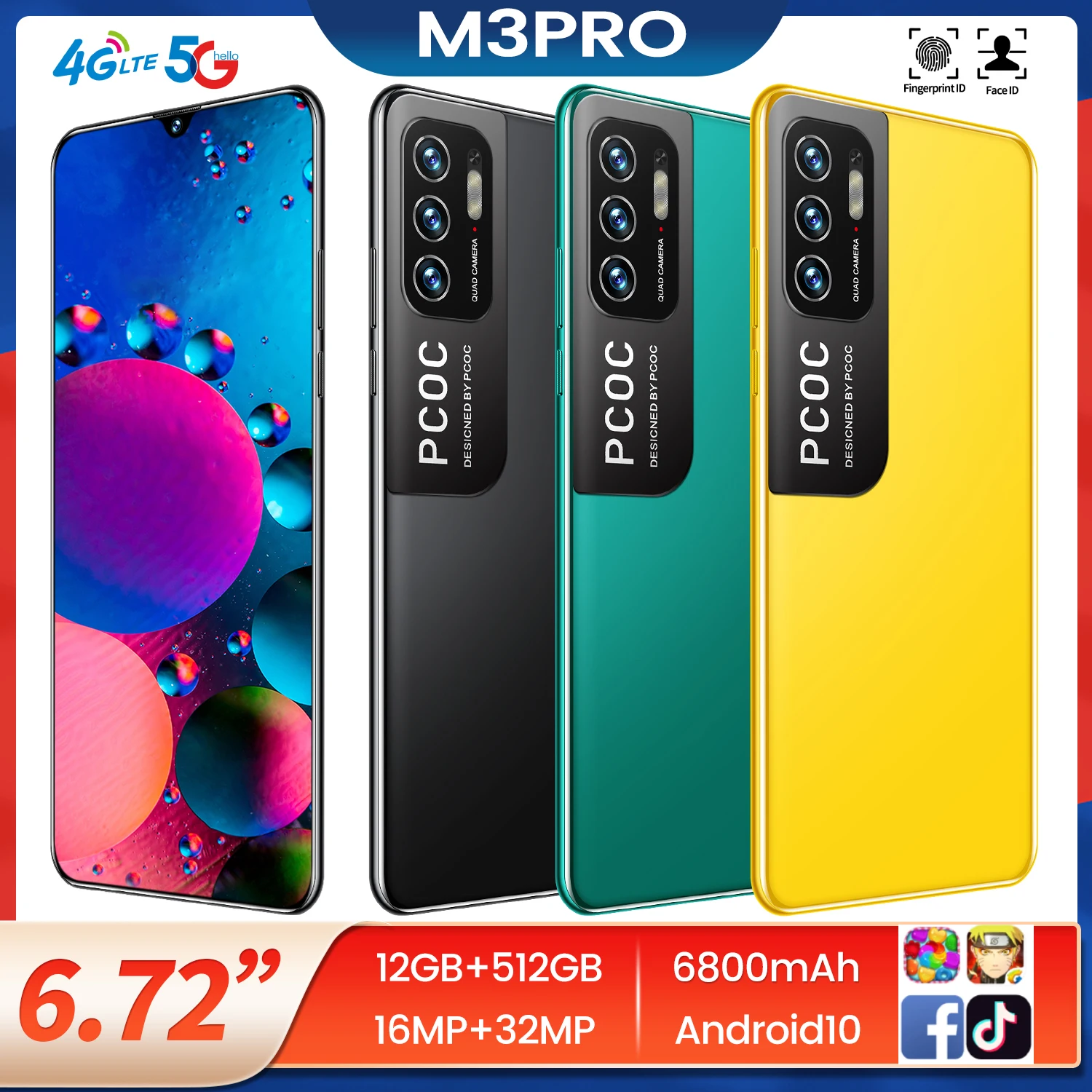 

Newest Huawe M3Pro 6.72inch mobile phone Global Version 6800Mah Android11 Smartphones Deca Core 16GB+512GB MT6889 Dual SIM 64MP