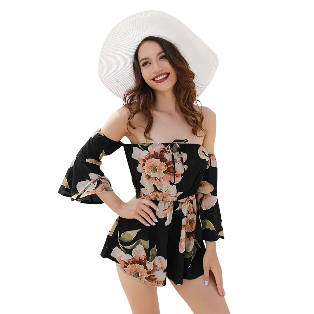 New Women Romper Sexy Fashion Floral Print Bell Sleeve Jumpsuit Summer Beach Off Shoulder Body Suit Casual Large Size Playsuits | Женская