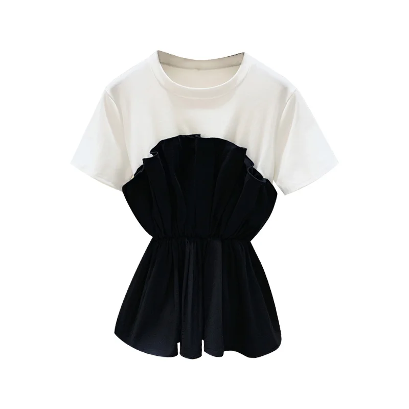 

2020 Design Patchwork Pleated Panelled Hugging Fake Two-Piece T-shirt Summer Korean Style Ageing O Neck Shirt Women Tops
