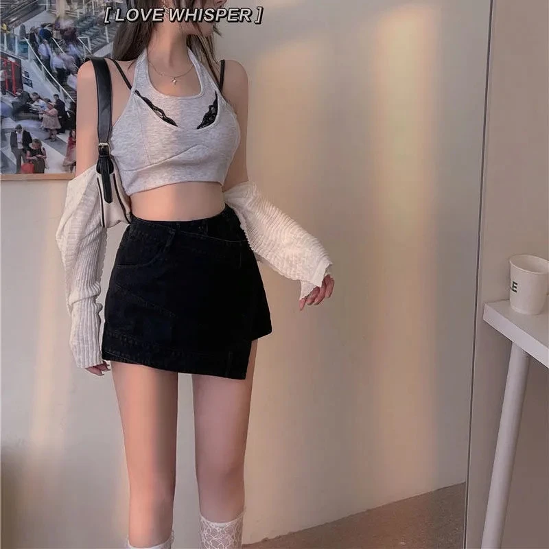 

Черные юбки, Женская юбка с высокой талией в стиле Харадзюку Y2k, повседневная Корейская Милая трапециевидная мини-юбка, трапециевидная юбка ...