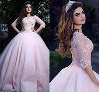 2021 pink ball gown quinceanera dresses 34 sleeves lace tulle corset lace up sweet 16 prom party gowns vestido 15 anos bm713