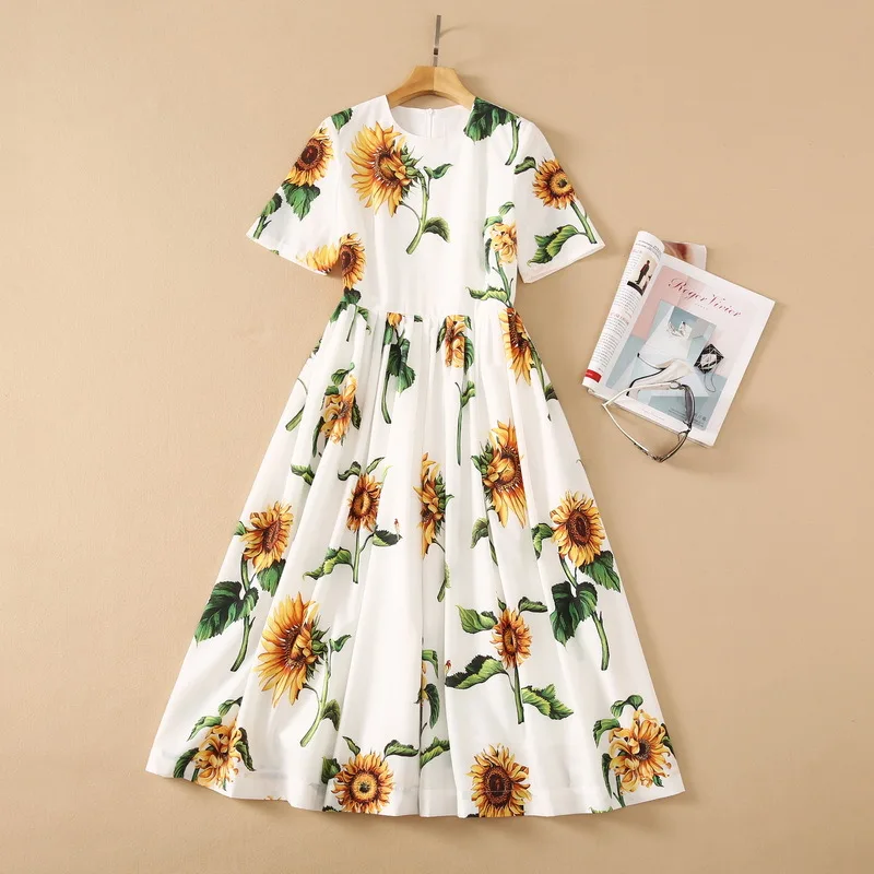 

Europe and the United States women's clothing New Summer 2021 Short sleeved sunflower print Fashion white pleated dress