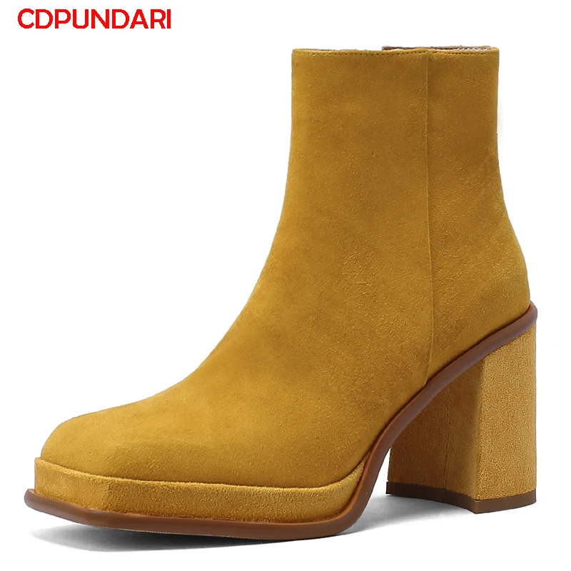 

Yellow Black Sheepskin High Heels Platform Ankle Boots Women Autumn Winter Short Boots Party Shoes Bottes Plateforme Femme