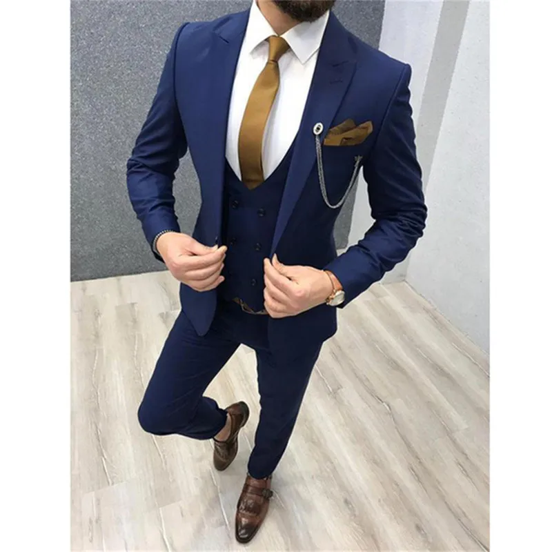 

Man Suit Set For Wedding Mens Navy Blue Peak Lapel Suits Slim Fit Wedding Tuxedos Jacket Pants Vest 3 Piece Costume Homme