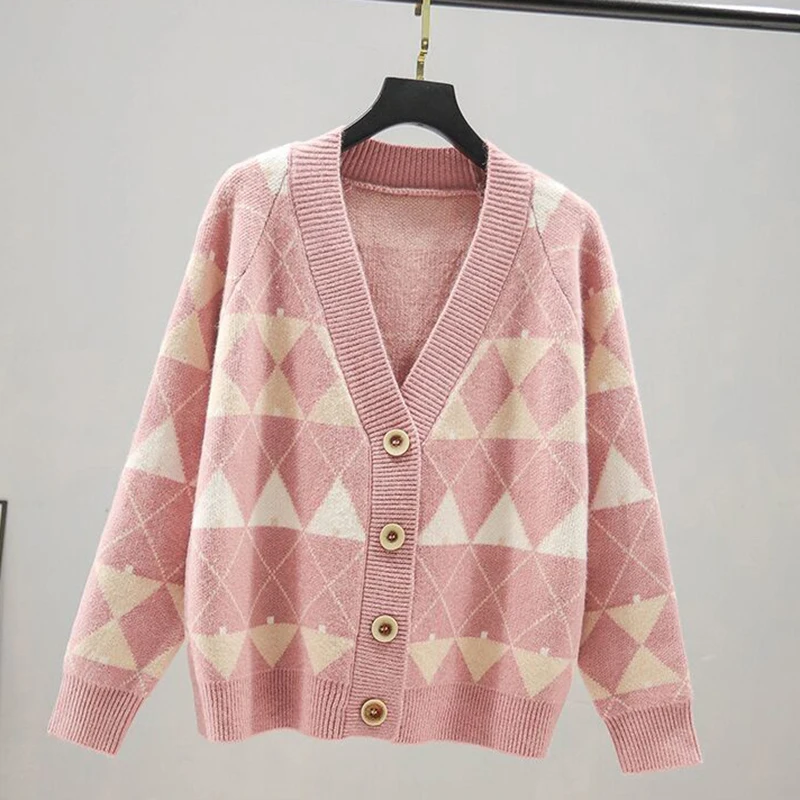 

Spring Autumn V-neck Single Breasted Sweet Cardigan Woman Sweaters Korean Argyle Loose Sweaters Jacket Women Basic Student Coats