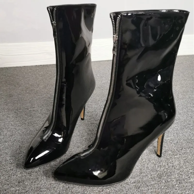 

SHOFOO shoes,Beautiful fashion women's shoes, patent leather, about 11cm high heel women's boots, mid -calf women's boots.