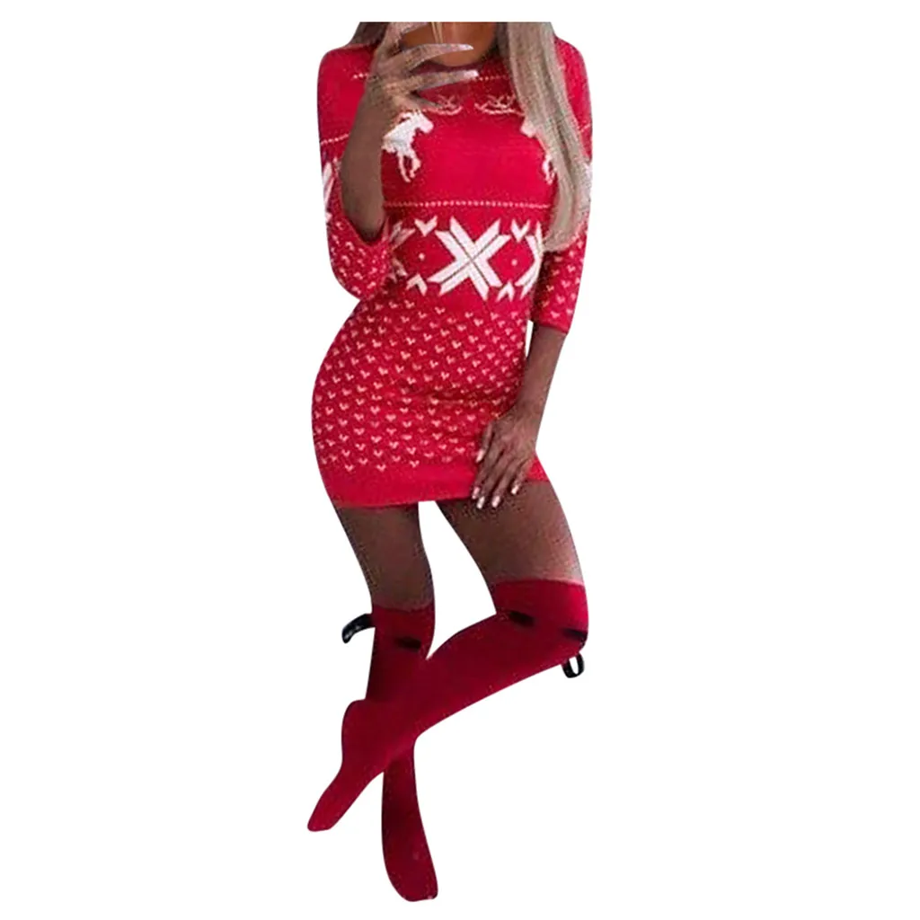 

2020 Womens Christmas Dress Ladies Long Sleeve Elk Printing Slim Autumn And Winter Warm Base Sweater Dress Pullover Femme