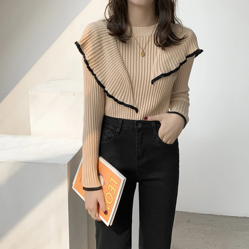

2021 Autumn And Winter New Korean Round Neck Asymmetric Wave Edge Slim Sweater Women's Long Sleeve Wool Sweater