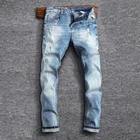 korean style fashion men jeans retro light blue elastic slim fit ripped jeans men vintage designer casual cotton denim pants