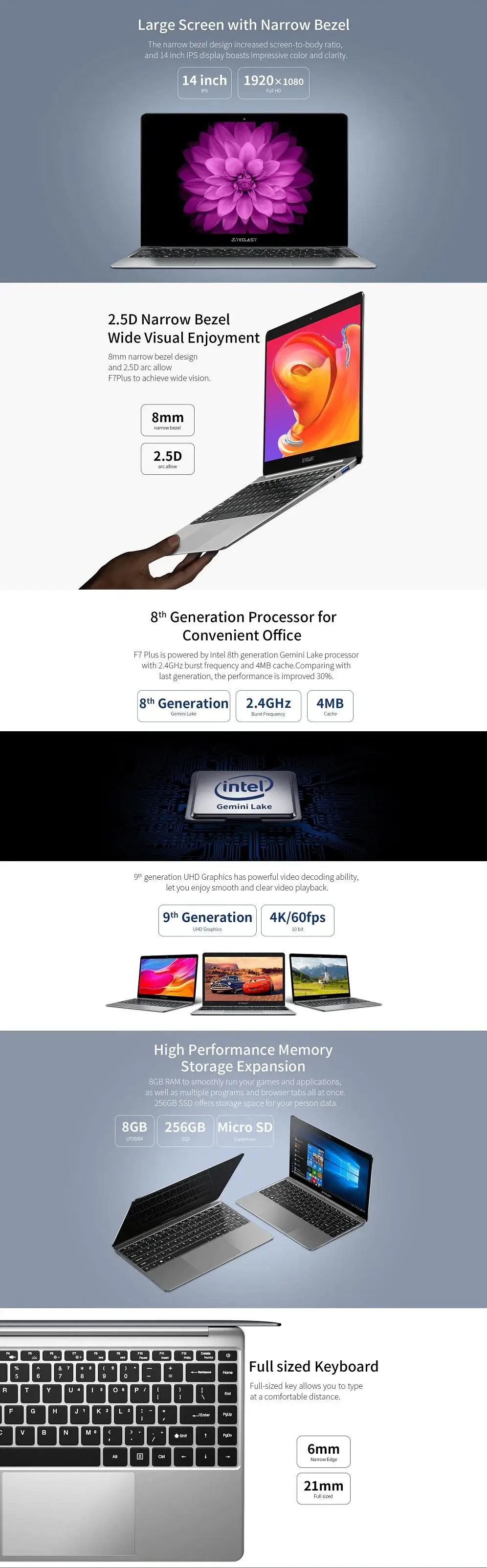 Teclast F7 Plus 14," 8 ГБ ОЗУ 256 ГБ SSD ноутбук FULL HD 1920x1080 Intel Gemini Lake N4100 Windows 10 клавиатура с подсветкой ноутбука