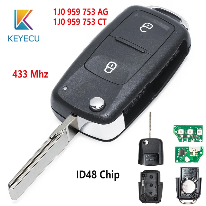 KEYECU 434 МГц ID48 чип FCC:1J0 959 753 AG/ 1J0 CT 2 кнопки дистанционного управления брелок для