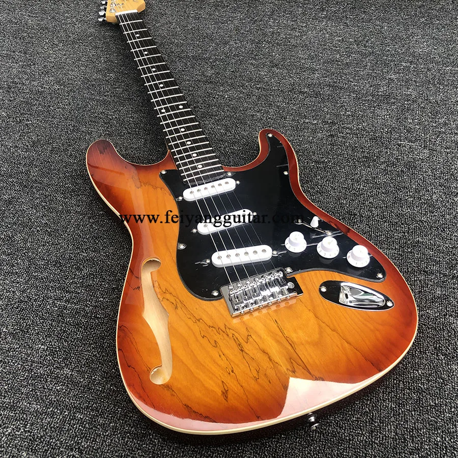 

Прямая продажа с фабрики электрической гитары с F-образным отверстием, ленивый древесный кленовый шпон, Роза гриф, кленовый гриф, полуполая ...