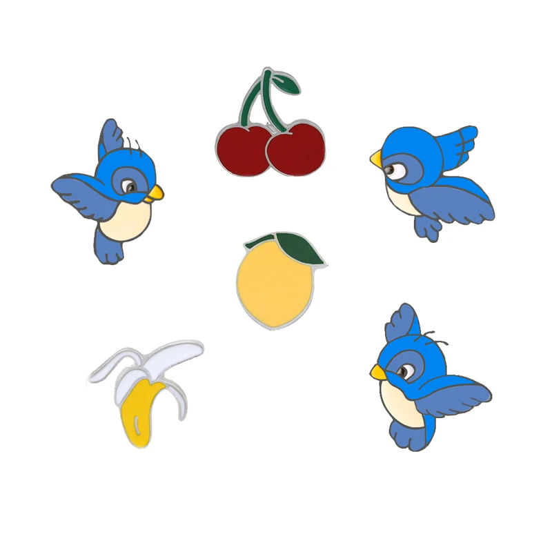 Cute Blue Birds Cartoon Fruits Brooch Banana Cherry Peach Enamel Pin Women Jackets Lapel Pins Hat Kids Bag Metal Badges Jewelry