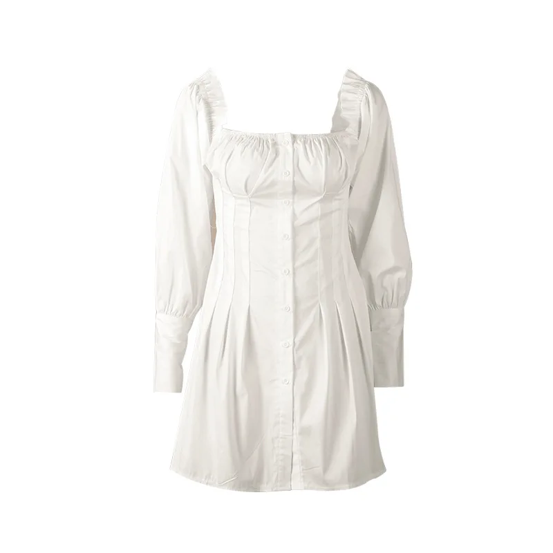 

2021 Casual Long Sleeve Women Dress Sexy Off Shoulder Buttons Up White Shirt Summer Elegant Pleated Ruffle Party Mini Dresses