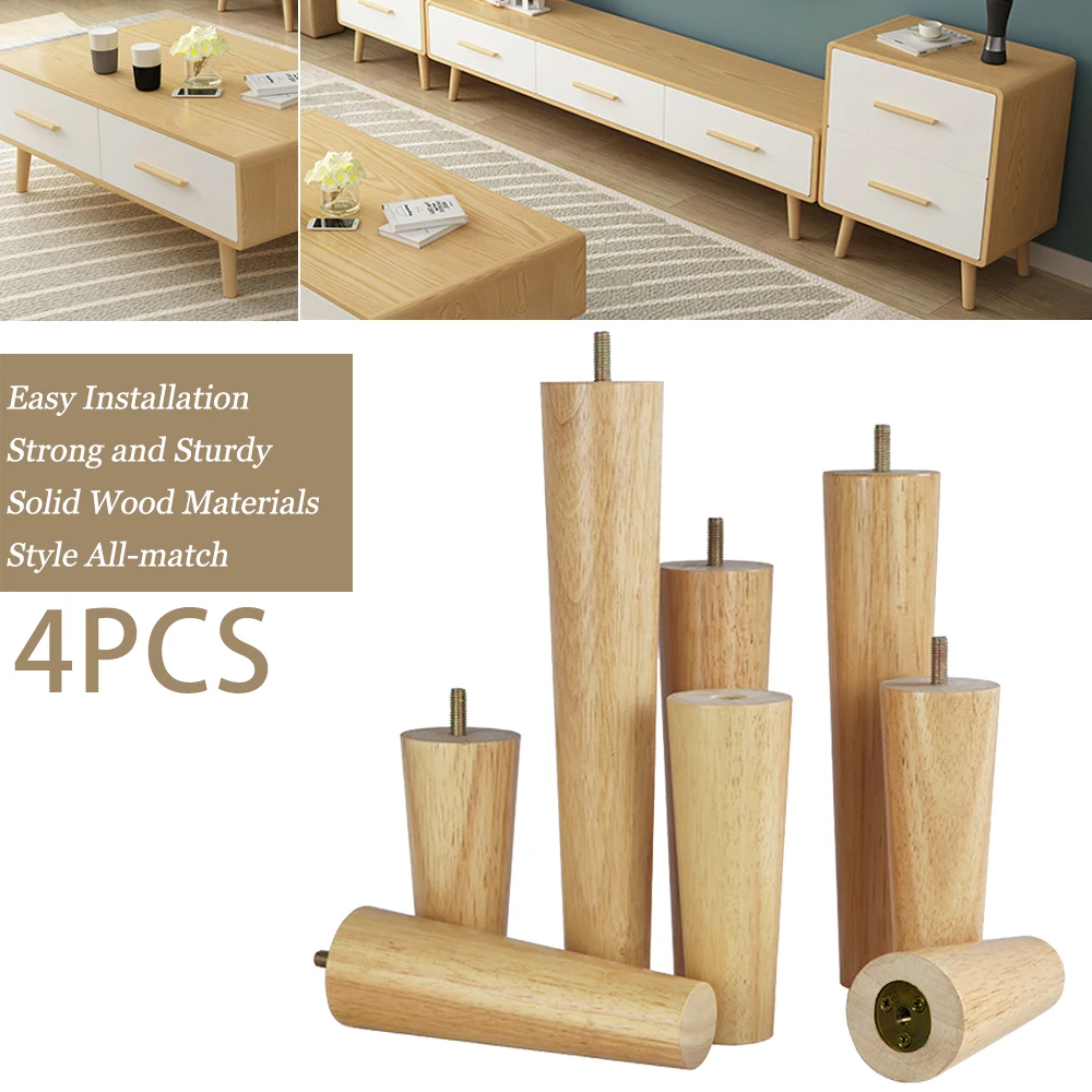 4pcs M6/M8/M10 Screw Oak Furniture Legs European Styls Conical Rubber Wood Sofa Leg Wood for Table Cabinet Furniture Raised Feet