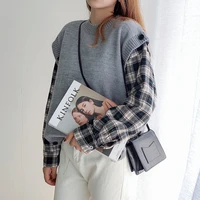 vest patchwork blouse shirts sungtin spring fake two piece sweater women loose plaid pullover female button oversize tops korean