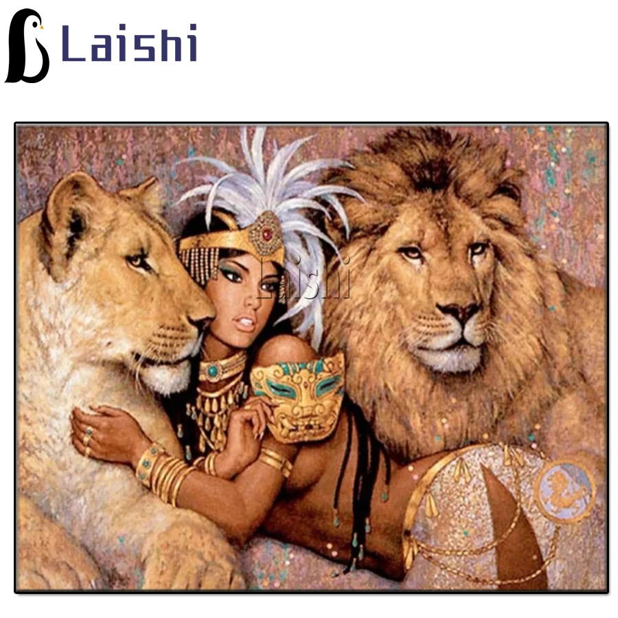 

Full Square Diamond painting Cleopatra and the Lion Animal 5D DIY Diamond embroidery Cross stitch Full Round Diamond mosaic