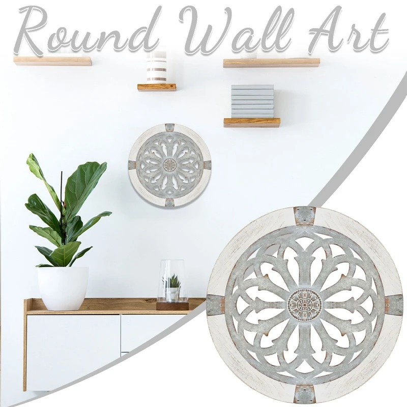 

15.75 Inch Rustic Round Decorative Large Wall Decorations with Wood Frame for Living Room Bedroom Kitchen Entryway Decor