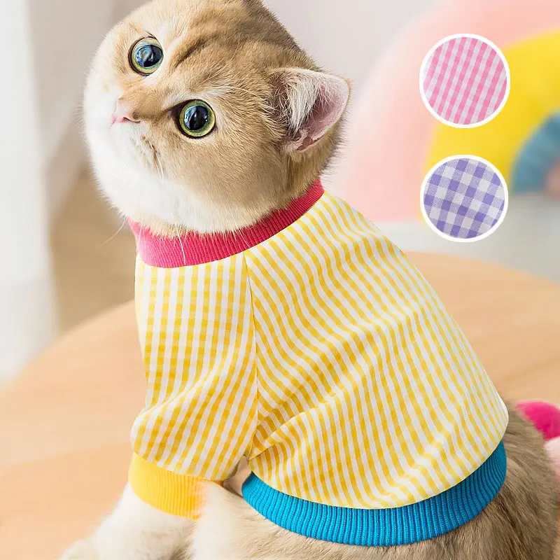 

Красочная кошачья толстовка с капюшоном, милая одежда для домашних животных, одежда для маленьких кошек с рисунком решетки, Новое поступлен...