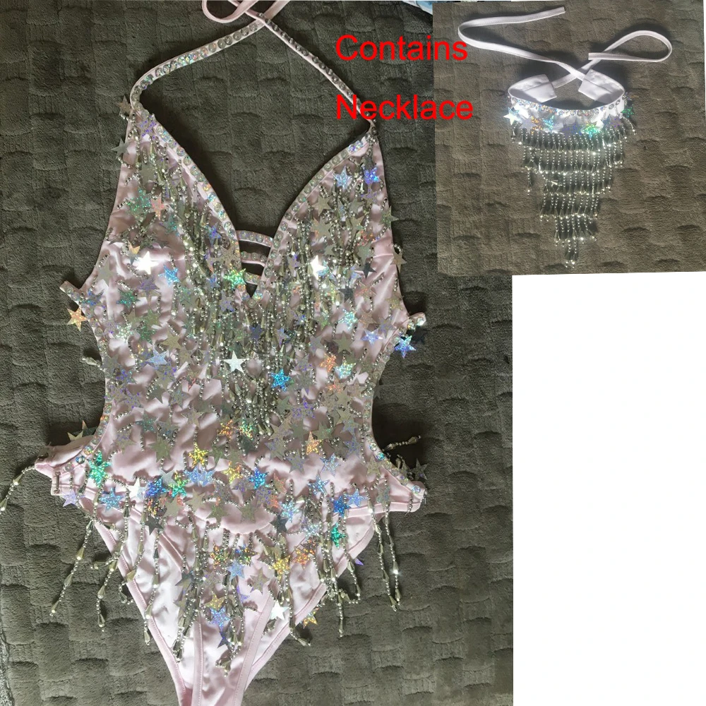 Backless Sequins Party Bodysuit Women Bodycon Romper Sexy Tassel Colorful Diamond Laser Five-Pointed Stare Elegant Beachwear