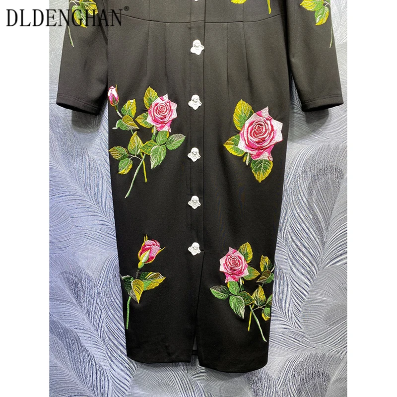 

DLDENGHAN Fashion Angel Button Pencil Dress Women White Lace Turn-Down Collar Rose Flowers Embroidery Dresses Spring New