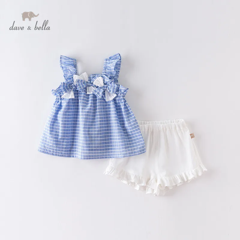 

DBM14049 dave bella summer baby girls fashion bow plaid ruched clothing sets kids cute sleeveless sets children 2 pcs suit