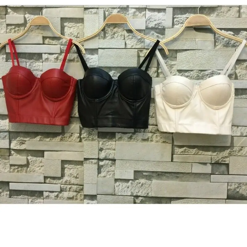 

Women PU Leather Tank Bustier Bra Vest Crop Top Blouse Spaghetti Straps Club