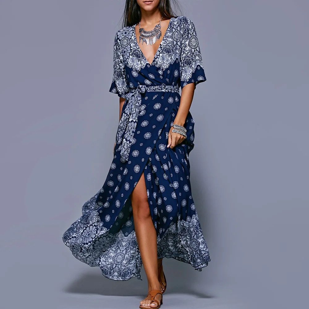 Boho Woman Dresses Sexy Deep V Neck Retro Vintage Floral Print Half Sleeve Tunic Belted Long Maxi Dress Female 2021 | Женская одежда