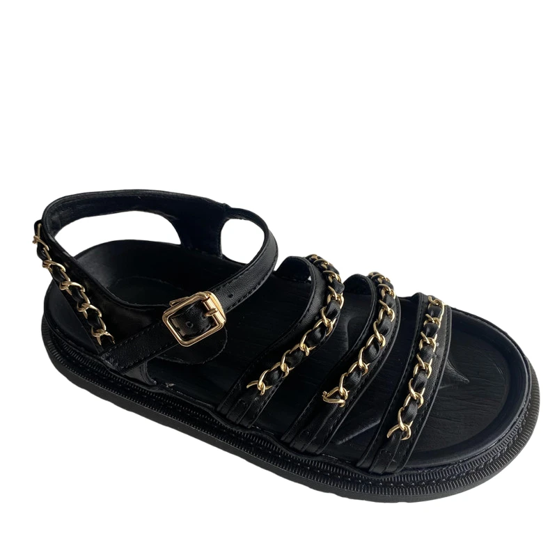 

Summer Platform Shoes Fashion Gold Chain Women Sandals Casual Platform Sandals Black Pu Leather Outdoor Womens Sandals Punk Shoe