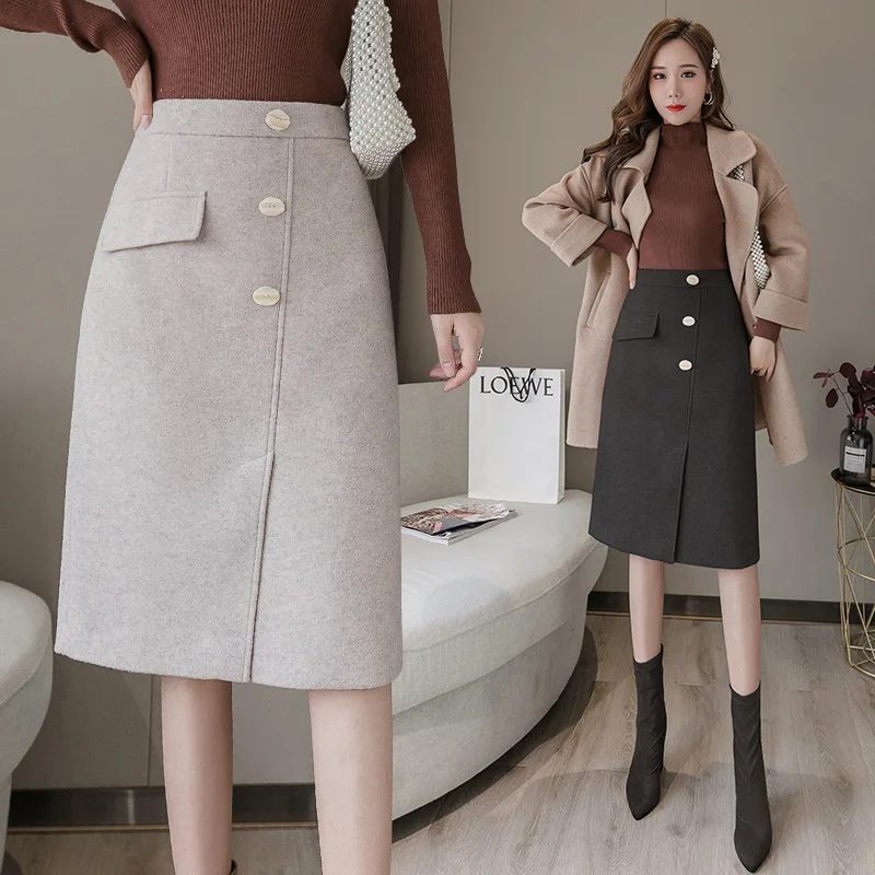 

Woolen Skirt Women skirt Autumn and Winter 2021 High Waist Thin Medium Long One-step Skirt Covering The Hip Large Hip Wrap Skirt