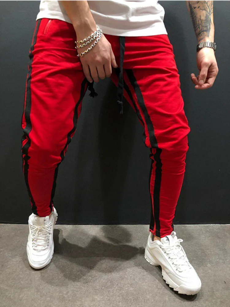 Red and black Новинка, европейские и американские мужские спортивные штаны для отдыха, фитнеса, на молнии, для бега, фитнеса, модные штаны - Цвет: Red and black