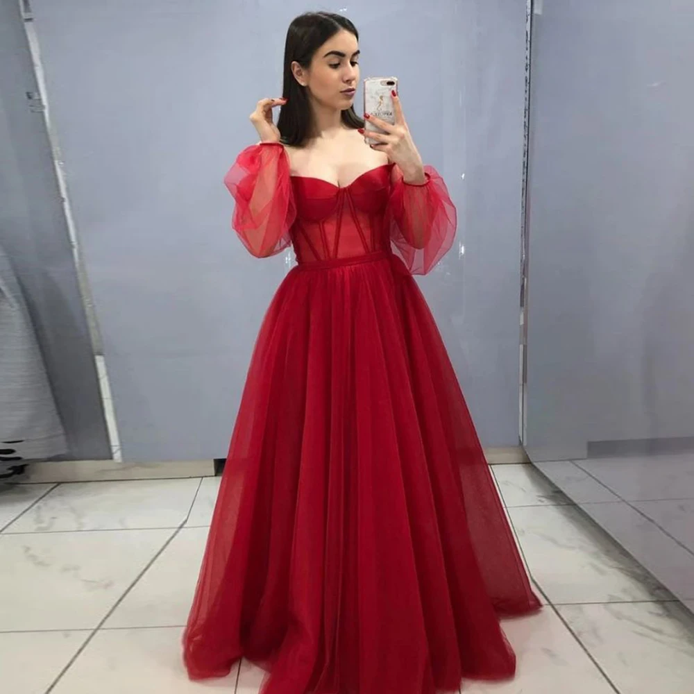 

Burgundy Tulle Evening Dress Long 2021 Off the Shoulder Long Sleeves Sweetheart A-Line Eleglant Prom Formal Gown robes de soirée