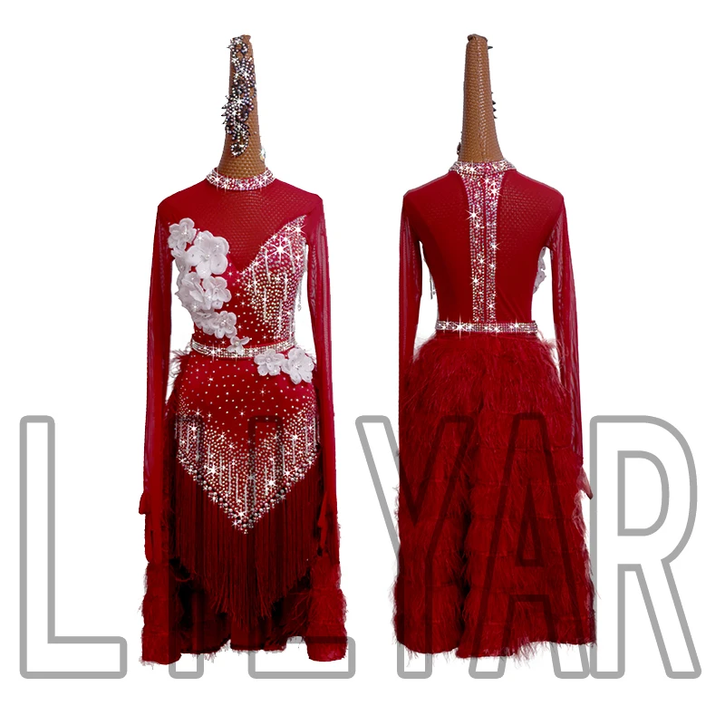 

New Latin dance skirt competition skirt performance Skirt Adult custom wine red embroidered feather dance skirt