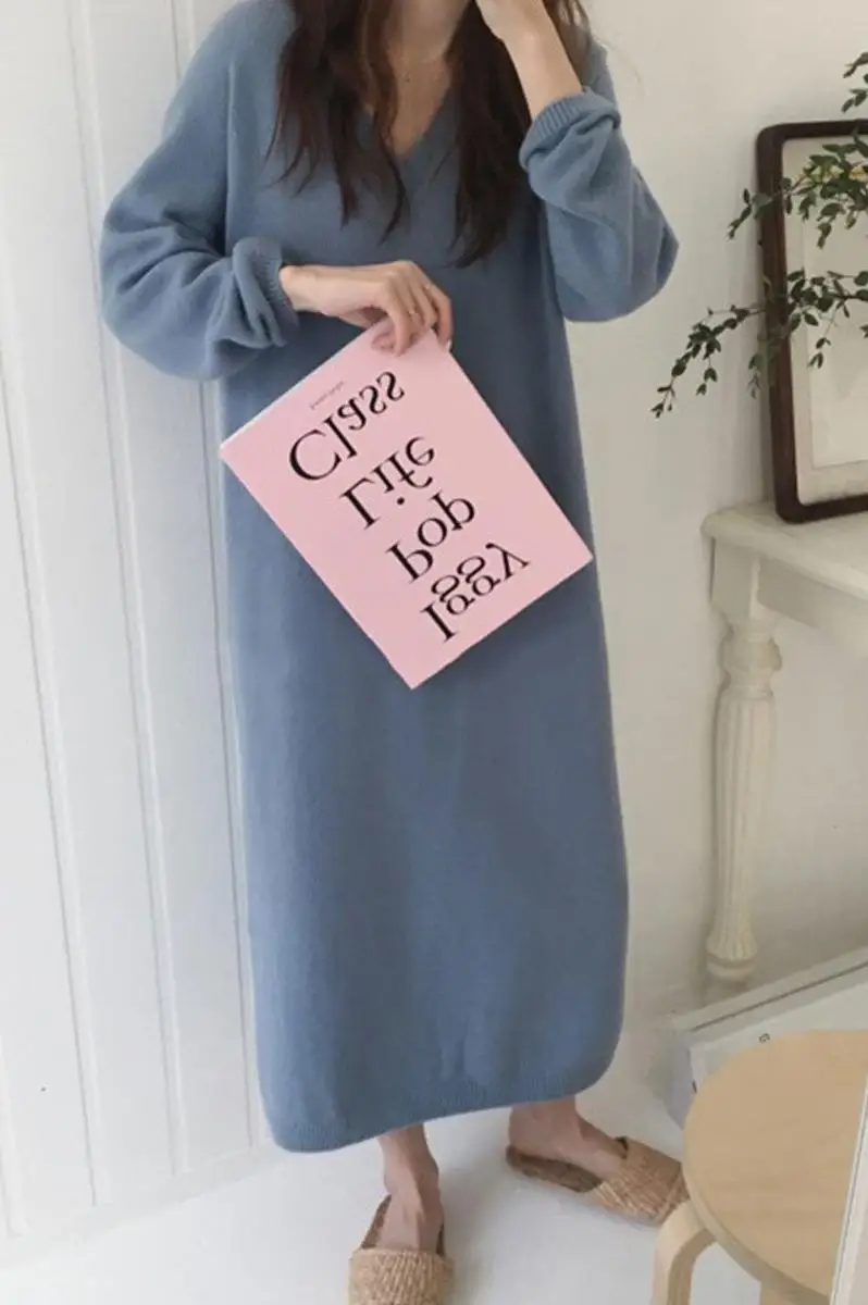 Сезон осень-зима Однотонный вязаный хлопковый свитер платья для женщин в стиле