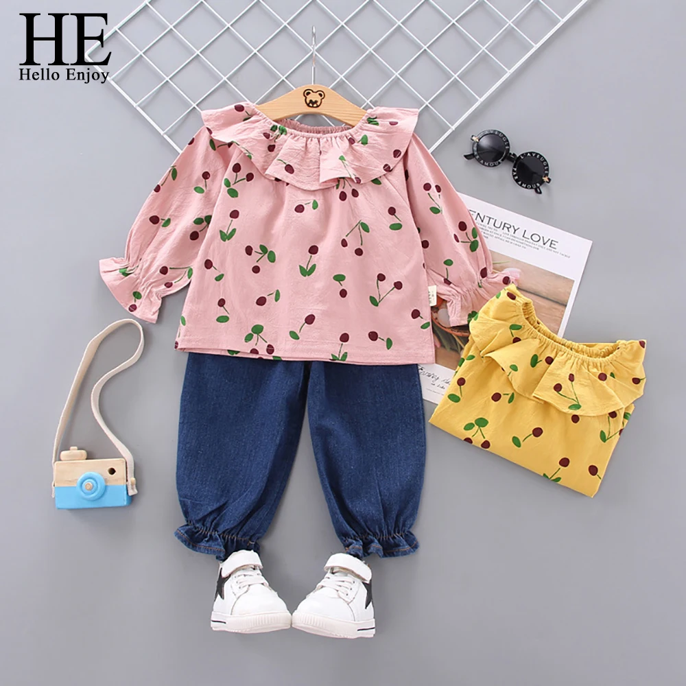 

HE Hello Enjoy/детская одежда для девочек, комплекты одежды Осенняя модная футболка с длинными рукавами и принтом + штаны, милая одежда для малышей