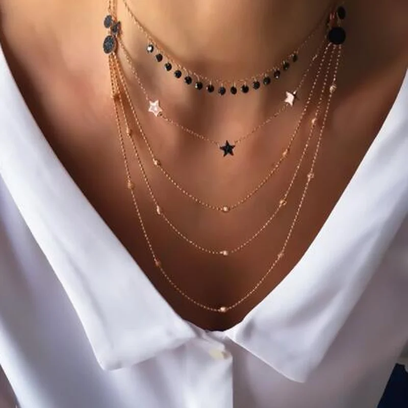 Docona бохо золотая звезда черный кристалл амулеты многослойное ожерелье для