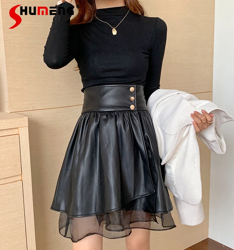 

2021 Autumn and Winter New Woman Slimming A- Line PU Skirt Overalls Casual High Waist Mesh Patchwork Black Leather Skirts Ladies