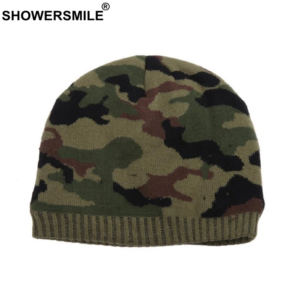 Бренд SHOWERSMILE шапочки для мужчин Skullies камуфляжная вязаная шапка зимняя теплая Толстая Повседневная камуфляжная кепка армейский зеленый Модный