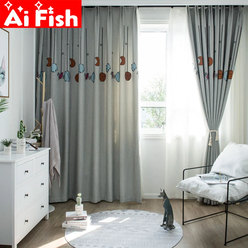 

Gray Cartoon Planet Moon Embroidery Children's Bedroom Curtains Blue Physical Theme Blackout Living Room Decoration Salon #40