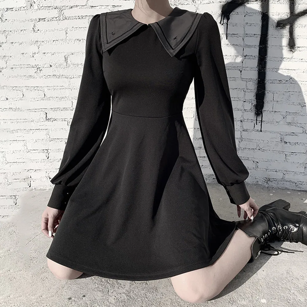 Женское платье с длинным рукавом высокой посадкой темно-синий воротник