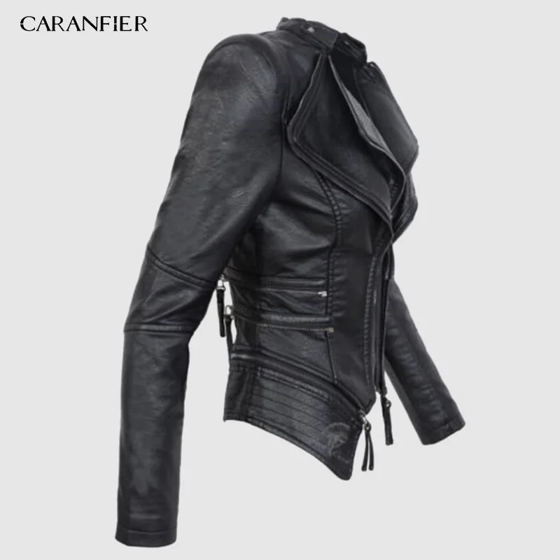 Куртка CARANFIER женская из искусственной кожи короткая приталенная черная