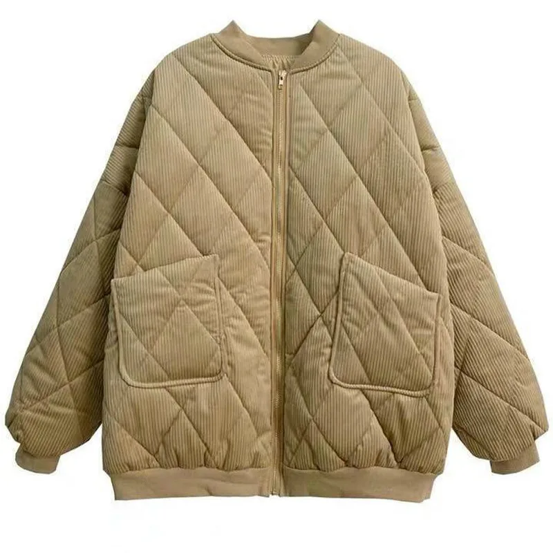 

Women Short Style Parkas Plus Size 3XL Solid Corduroy Pleated Coat Female Loose Warm Thicken Streetwear All-match Simple Outwear