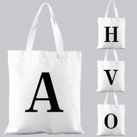 fashion shopping bag handbag white commuter tote bag casual shoulder bag reusable folded canvas initial name pattern printing