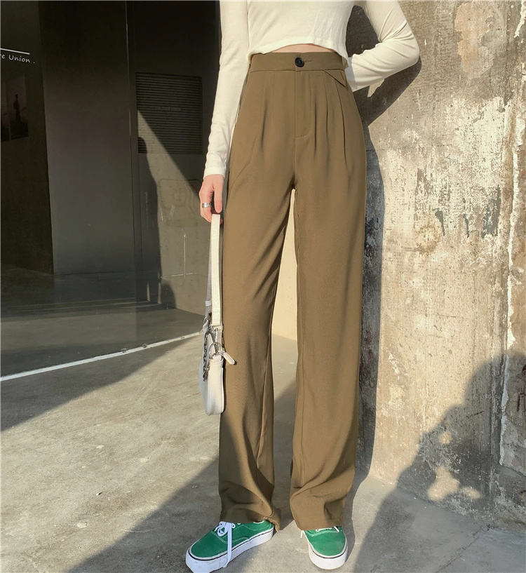 

Autumn Vogue Office Lady Straight-Leg Pants For Women All-Match High Waisted Suit Pants Solid Color Casual Trousers